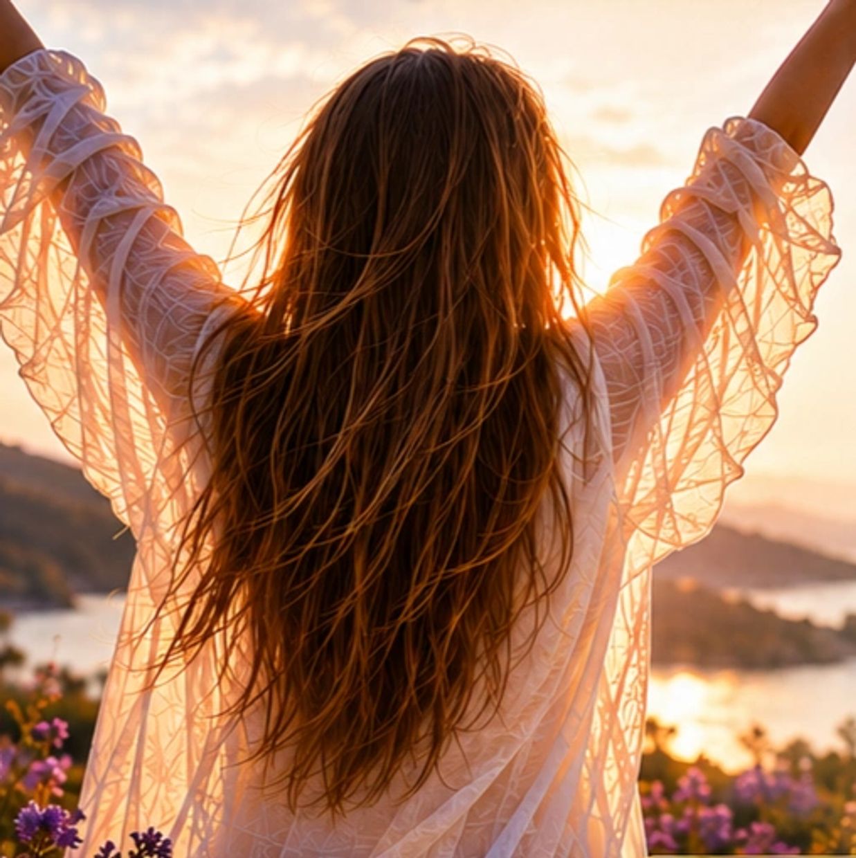 Woman with long hair enjoying a sunset by the water, arms raised.