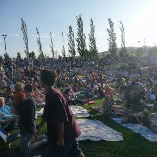 Large crowd enjoying an outdoor event on a sunny day at a grassy park.