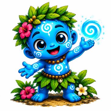 Cute blue cartoon character with leaves and flowers.