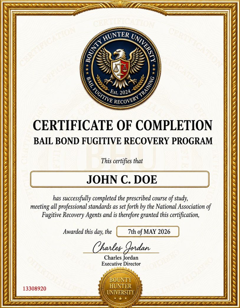 Certificate of completion for Bail Bond Fugitive Recovery Program.