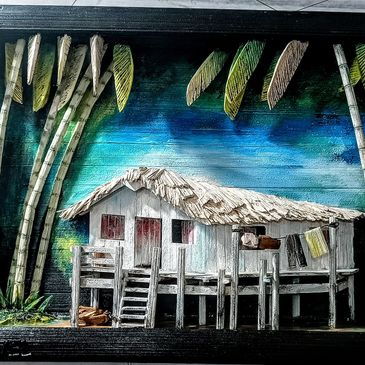 3D artwork of a traditional stilt house with palm trees and a vibrant sky.