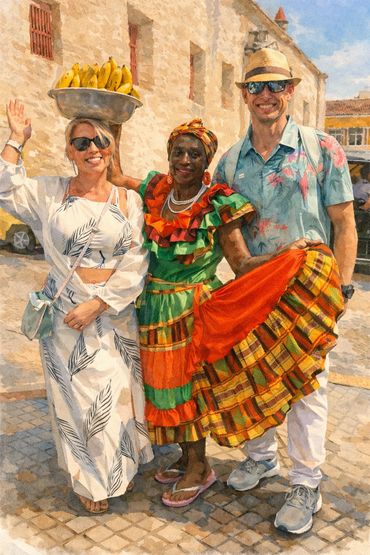 Three smiling people in vibrant attire, one holding bananas on her head, posing outdoors.