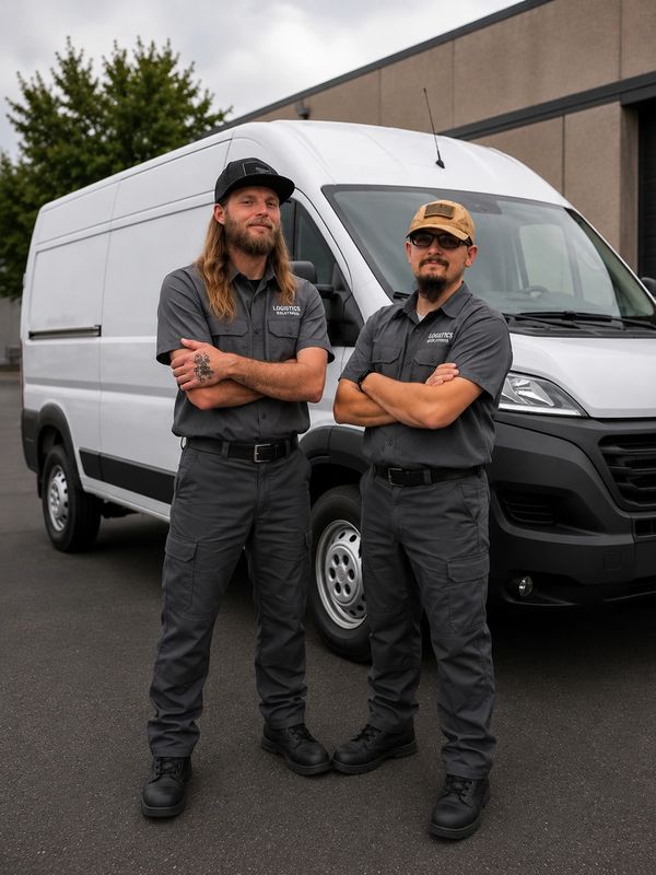 Two delivery workers in uniform standing confidently in front of a white logistics van.