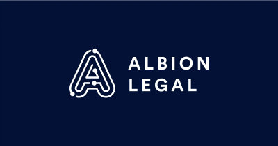 Albion Legal logo with stylized 'A' and text on navy background.