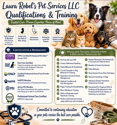 Laura Robel's Pet Services qualifications and training details.