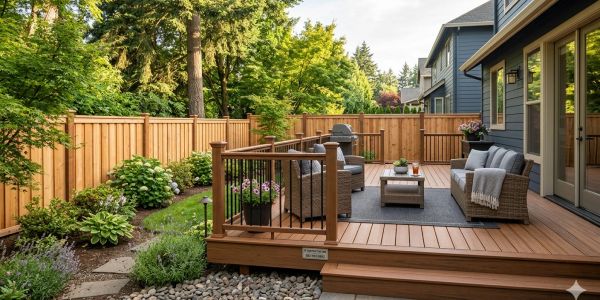 Cozy backyard patio with wicker furniture and wooden fence.