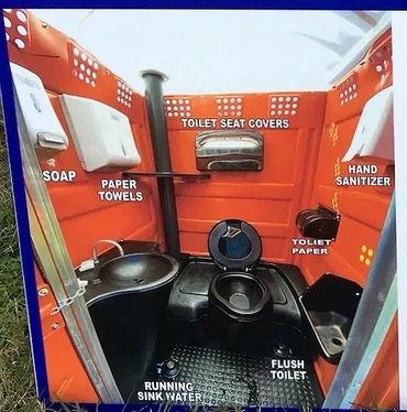 Inside view of a well-equipped portable toilet with labeled amenities.