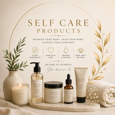 Elegant self-care product display with natural elements and calming tones.