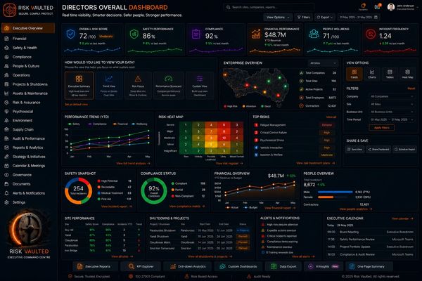 Executive dashboard showing risk, safety, compliance, financials, and project metrics.
