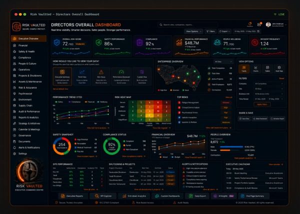 Risk Vaulted directors' dashboard showing key performance metrics.