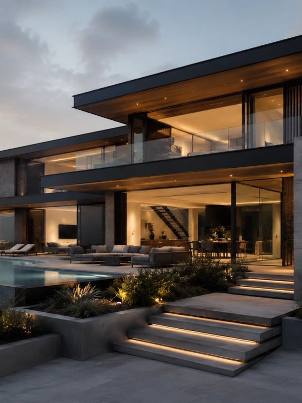 Modern luxury house with illuminated steps and pool at dusk.