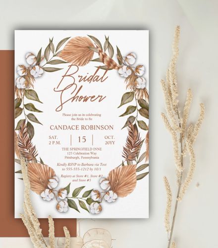 Boho Floral Cotton | Dried Grasses Bridal Shower Invitation