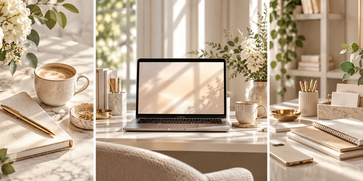 Elegant sunlit workspace with a laptop, coffee, and notebooks.