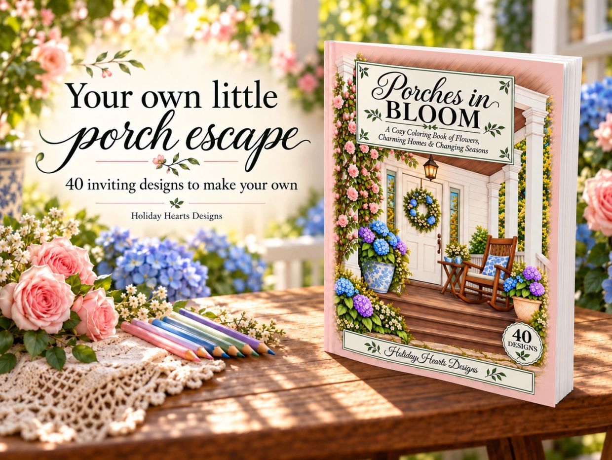 Coloring book titled Porches in Bloom on a wooden table with pastel pencils and flowers.