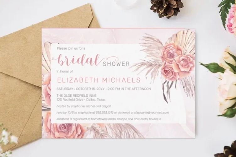 Boho Pampas Grass | Pink Rose Floral Bridal Shower Invitations