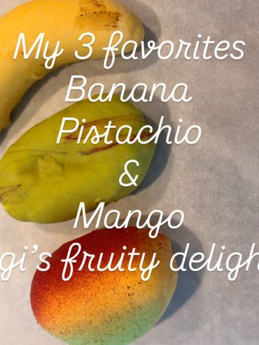 Three favorite fruits: banana, pistachio, and mango.