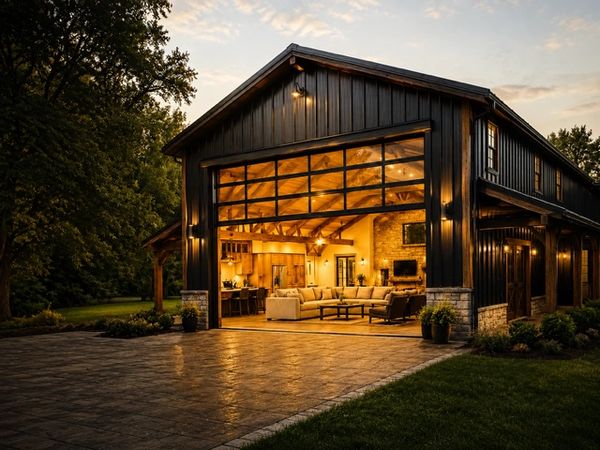 A cozy barn-style living space with warm lighting and open garage door.