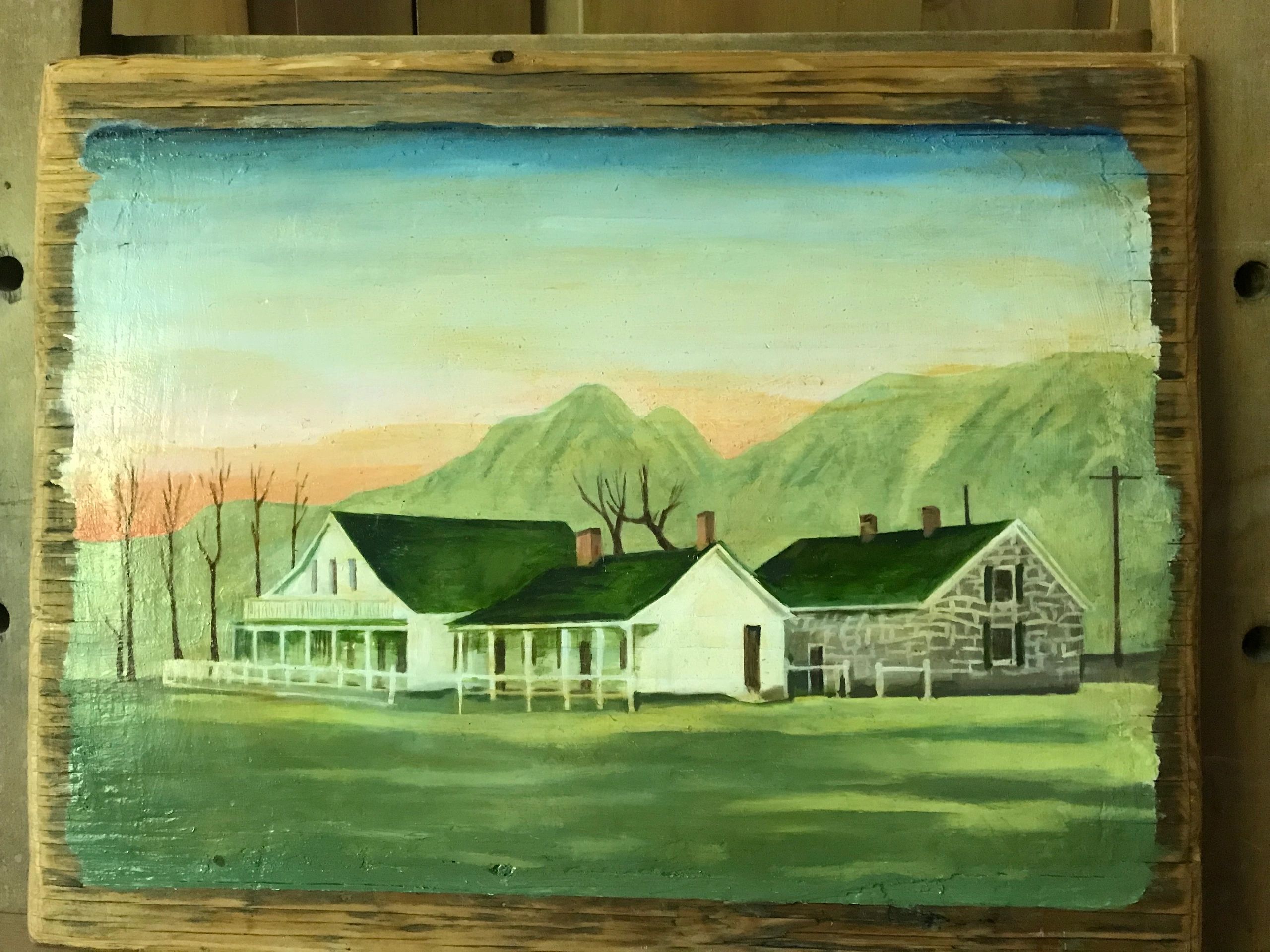 Dangberg Ranch, Minden, Nevada, 19" X 14", varnished oil paint on distressed plywood