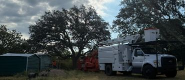 White utility truck parked near large trees and green sheds under a cloudy sky.