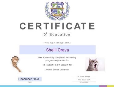 Certificate of Education for the 10-hour Cat Training Program, Animal Scents University, December 20