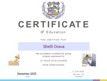 Certificate of Education for the 10-hour Dog Training Program, Animal Scents University, December 20