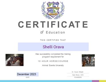 Certificate of Education for the 10-hour Horse Training Program, Animal Scents University, December