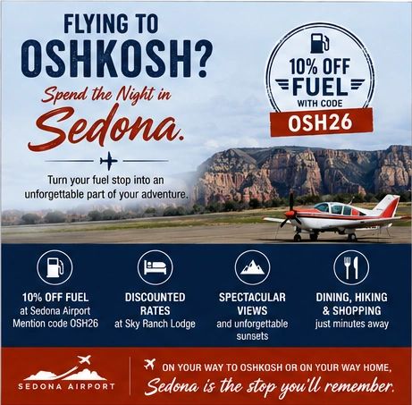 Ad for Sedona fuel discount and lodging for Oshkosh travelers.