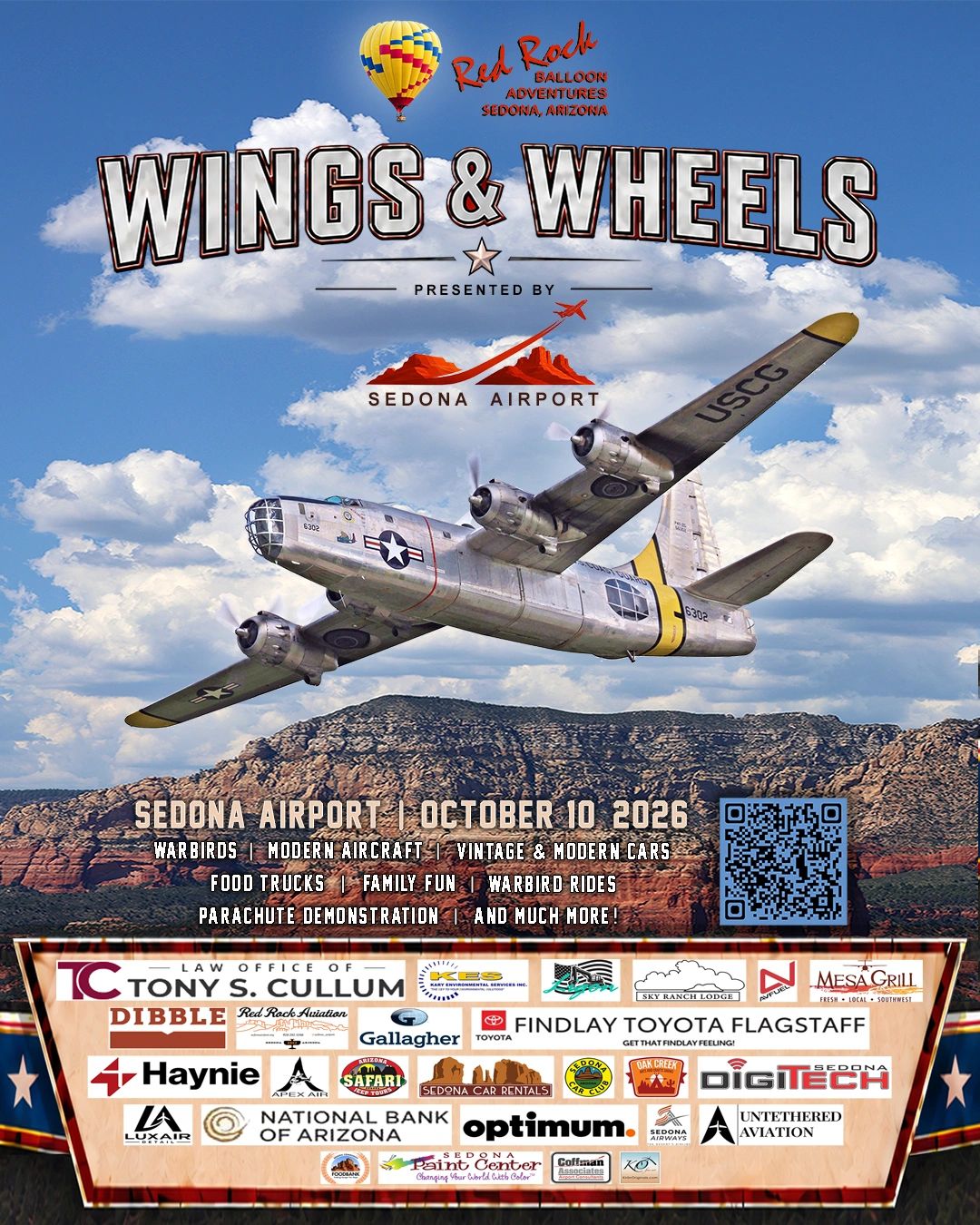 Wings & Wheels 2026 Event Poster
Red Rock Balloon Adventures
Sedona Airport
Oct 10th 2026
Saturday