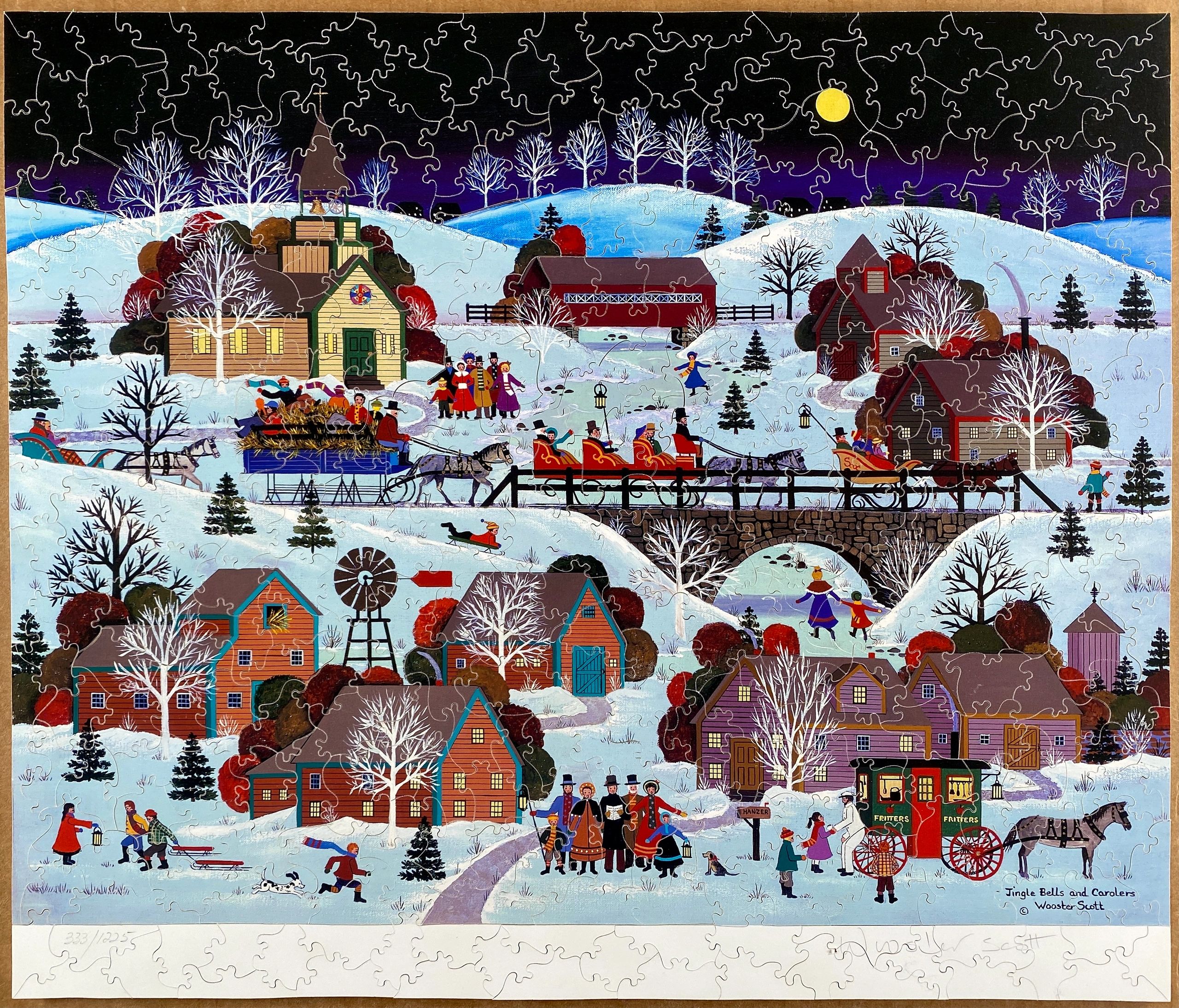Jingle Bells and Carolers by Jane Wooster Scott, hand-cut wooden jigsaw puzzle