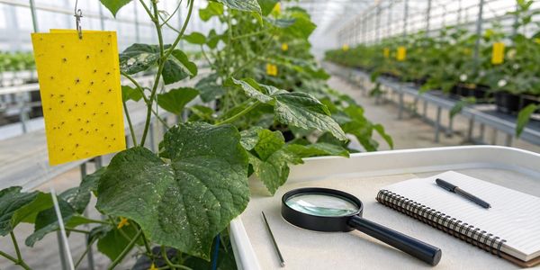 UAE greenhouse pest scouting tools with sticky card, hand lens and crop leaves.