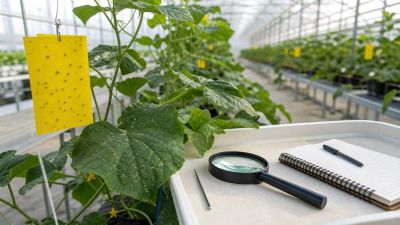 Greenhouse pest scouting tools with sticky card, hand lens and crop leaves