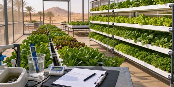 Hydroponic planning table with leafy greens, water checks and greenhouse crop rows.