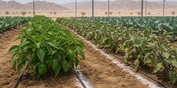 UAE greenhouse crop rows with drip irrigation and desert growing conditions.