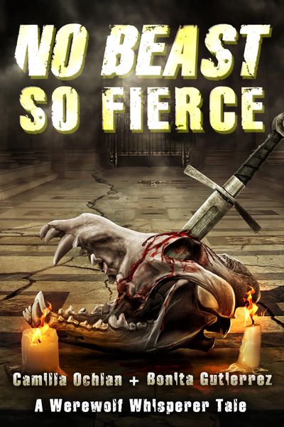 Wolf skull with sword by candle light , cover of No Beast So Fierce novella