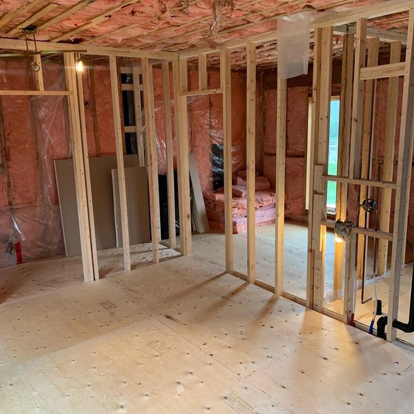 garage transformation, new framing, bedroom, bathroom, office