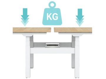 Adjustable height table with weight capacity indication.