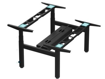 Black adjustable metal desk frame with four legs and crossbars.