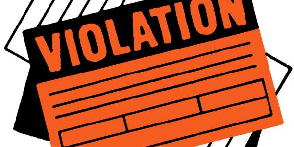 Illustration of a violation ticket with bold orange text and graphic elements.