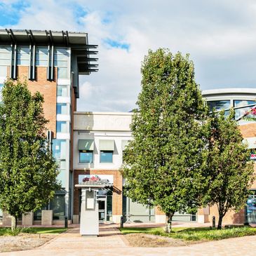 Modern brick building with trees in front under a blue sky.