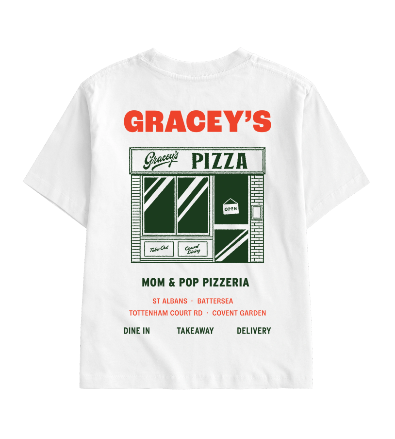 White t-shirt with Gracey's Pizza print graphic.