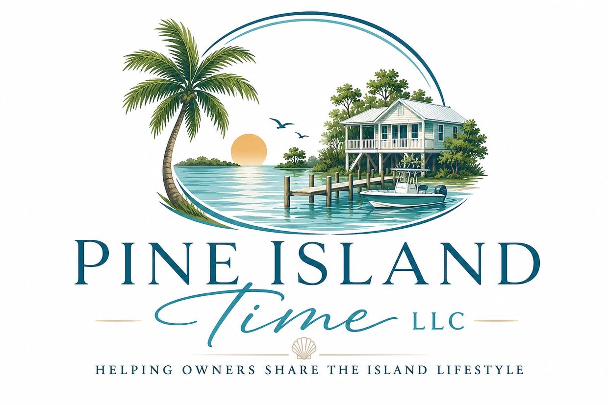 Logo of Pine Island Time LLC with island and water scene.