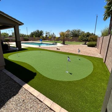 Backyard Oasis with Artificial Grass and Synthetic Turf and #Grass. #Pavers and #Pool. #PuttingGreen.