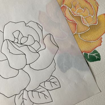 A line drawing of a rose, and a watercolour painting of a yellow rose