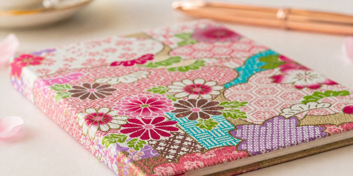 Floral patterned notebook with pen in the background.