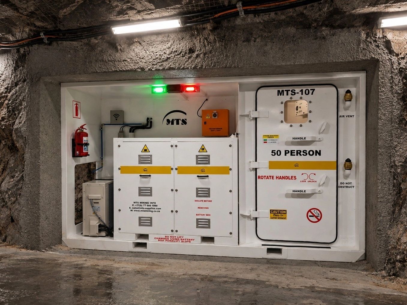 Underground mining safety chamber with control panels and emergency lights.