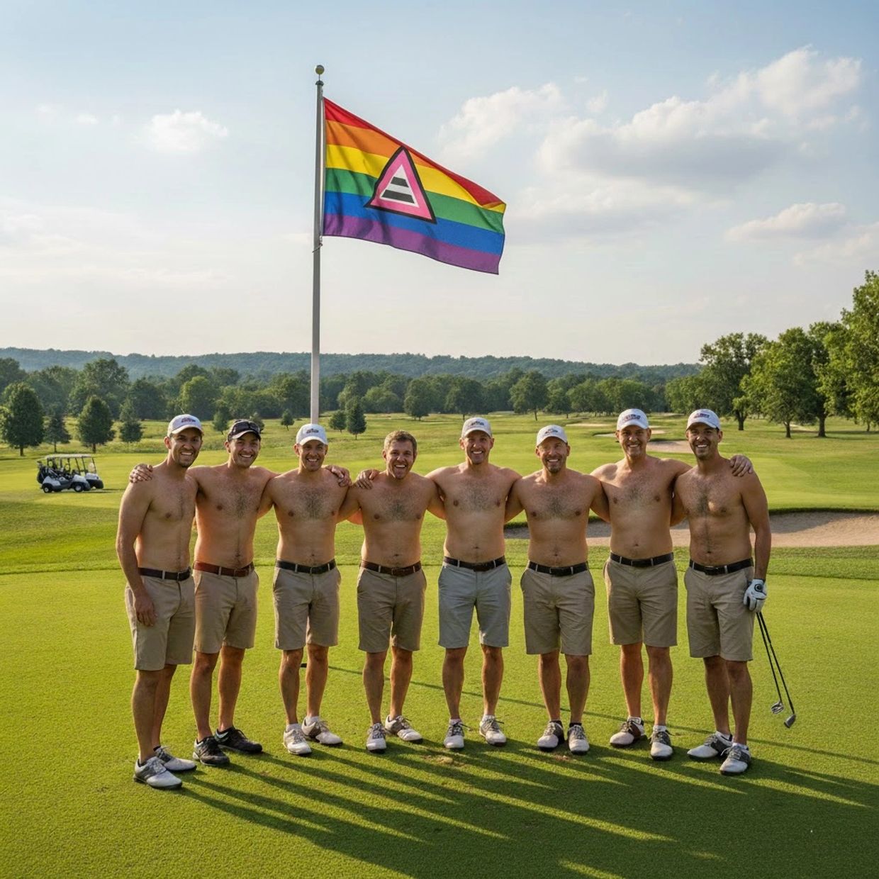 Eight shirtless men posing on a golf course with a rainbow pride flag.