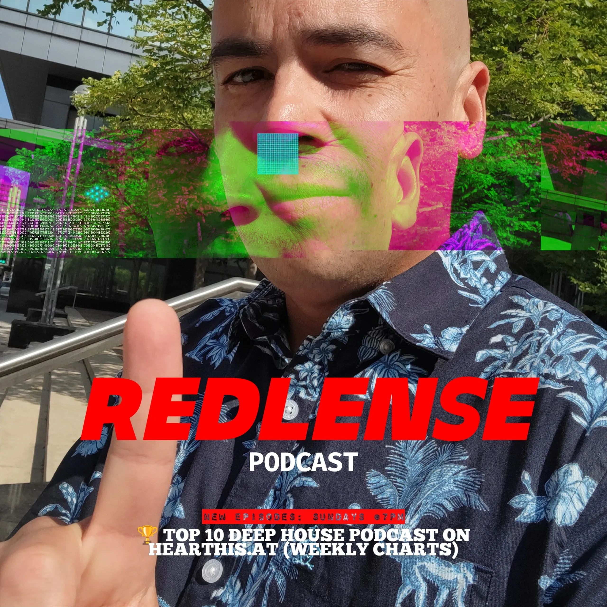 A stylized promotional image for RedLense Podcast featuring the host holding up one finger.