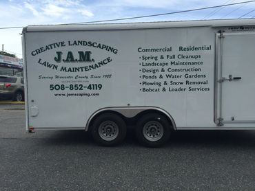 Trailer truck lettering with vinyl graphics. Jam Landscaping, Holden, MA