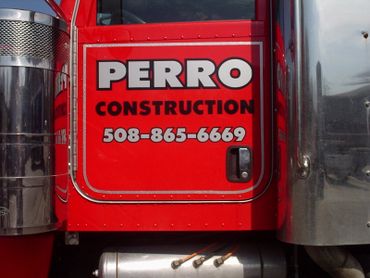 Tractor Trailer truck lettering with vinyl graphics. Perro Construction, Worcester, MA