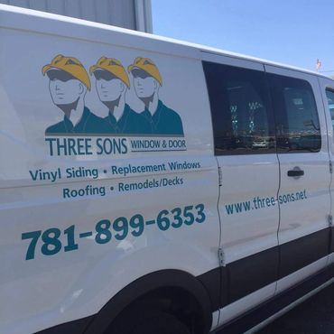 Vinyl graphics applied to van. Truck lettering. Three Sons, Waltham, MA